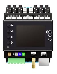 Frontansicht eines digitalen Steuermoduls mit leerem Display, Pfeiltasten, Anschlussbezeichnungen L1-L3, N und Anschlüssen für WLAN und Ethernet.