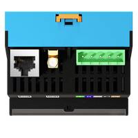 Nahaufnahme eines elektronischen Steuermoduls mit blauer Abdeckung, Ethernet-Anschluss, grünem Klemmenblock und Anzeigelampen auf schwarzer Basis.