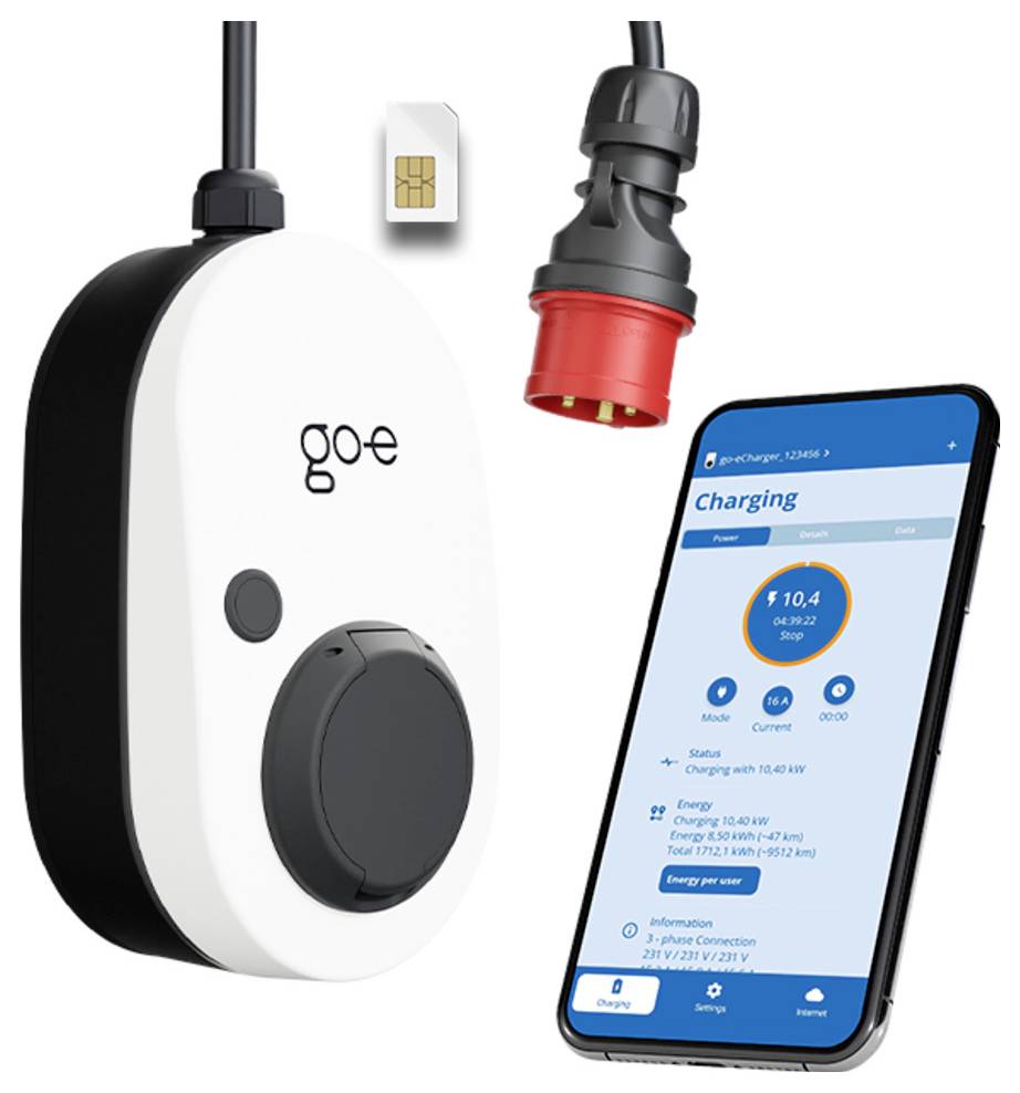 Go-e Elektrofahrzeug-Wandladegerät mit Kabel und App-Bildschirm mit Ladetatus und Kosten auf einem Smartphone.
