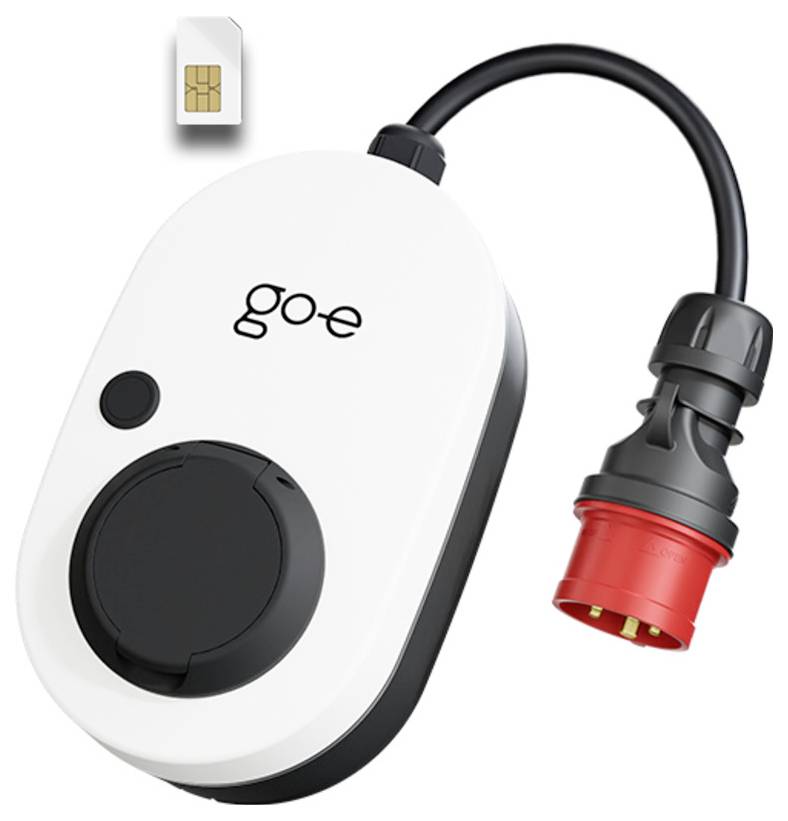 Tragbares EV-Ladegerät mit angeschlossenem Kabel und rotem Industriestecker, dargestellt mit einem kleinen Smart-Card-Symbol darüber.