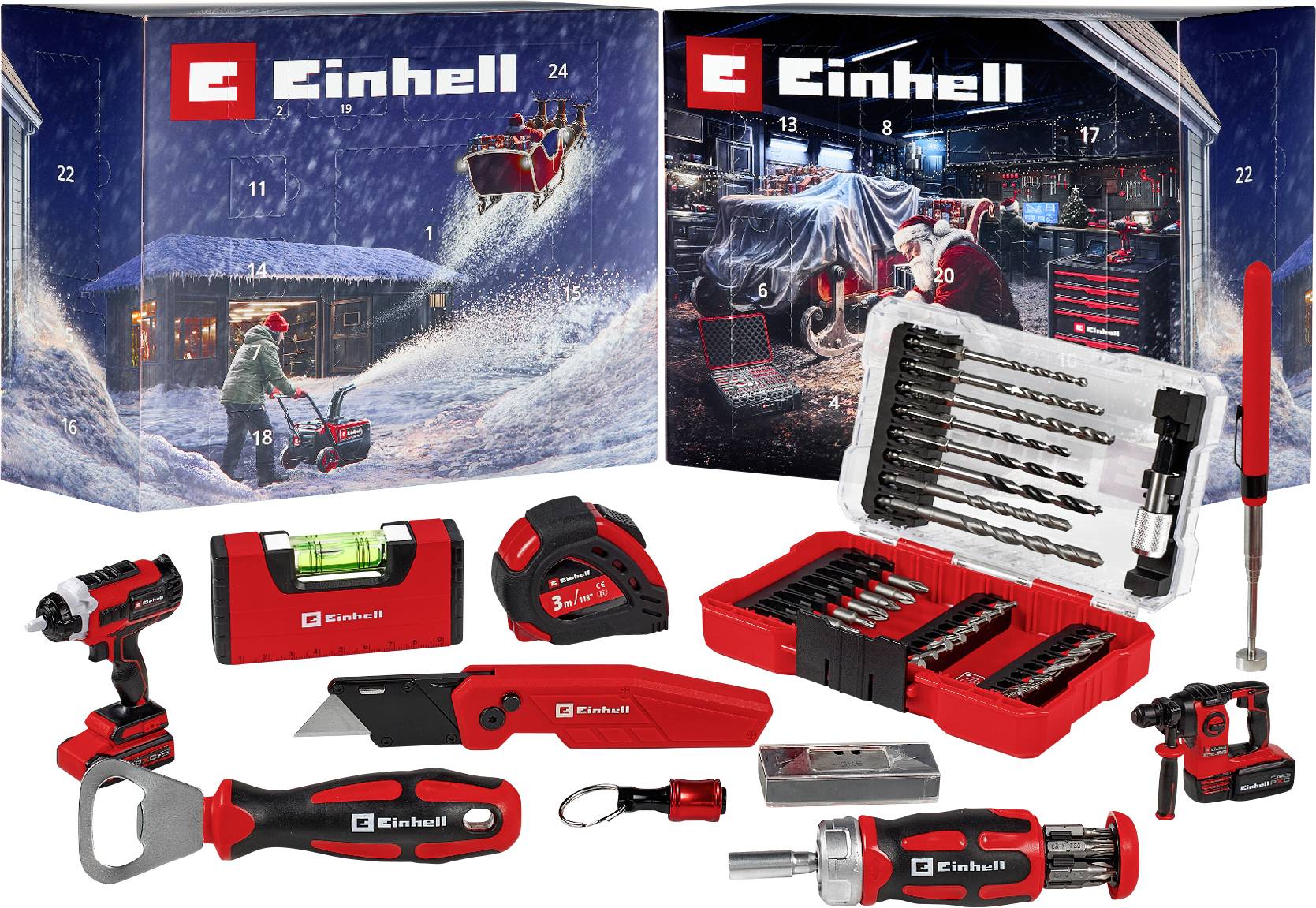 Einhell-Werkzeugsatz-Produktanzeige mit Bohrmaschine, Säge, Schraubendreher, Bits, Messwerkzeugen und roten Aufbewahrungskoffern auf weißem Hintergrund.