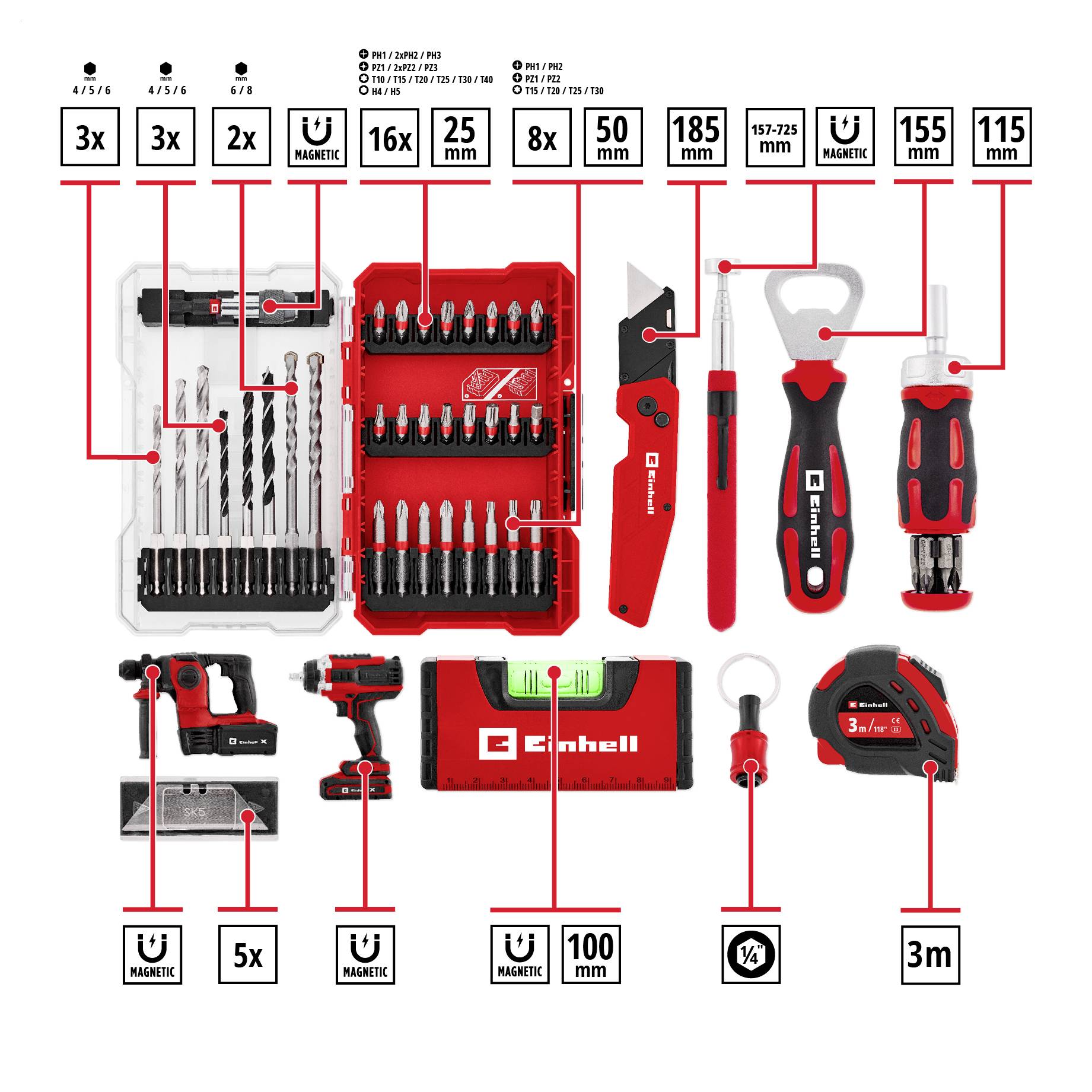 Gemischtes Einhell-Werkzeugsortiment mit Bohrern, Schrauberbits, Universalmesser, Spitzpickeln, Zangen, Schraubenschlüssel, magnetischen Haltern, Wasserwaage, Stahlmaßstab und Zubehör.