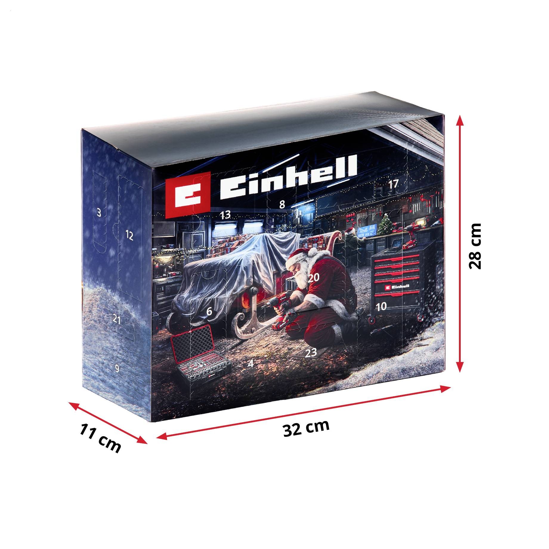 Einhell-Produktbox in 3D-Darstellung mit beschrifteten Abmessungen: 32 cm breit, 28 cm hoch und 11 cm tief.
