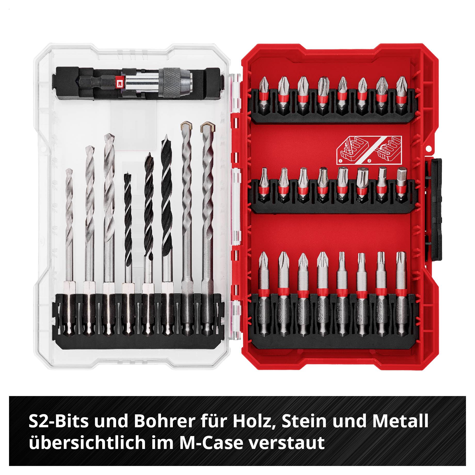 Bohrer- und Bit-Set im M-Case: links Bohrer für Holz, Stein und Metall, rechts rote Bit-Auswahl in Sortierbox.