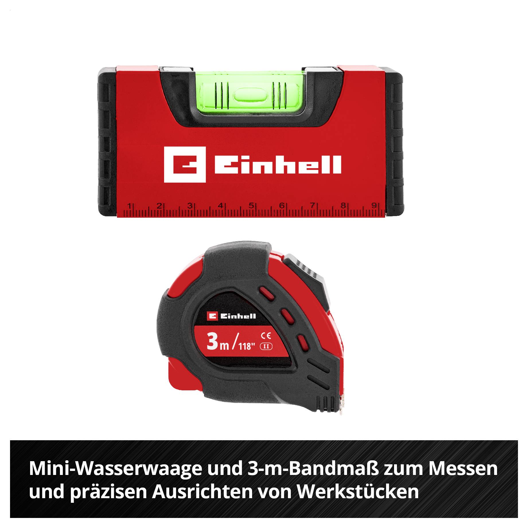 Produktabbildung mit Mini-Wasserwaage und 3-m-Bandmaß von Einhell; unten steht: 'Mini-Wasserwaage und 3-m-Bandmaß zum Messen und präzisen Ausrichten von Werkstücken'.