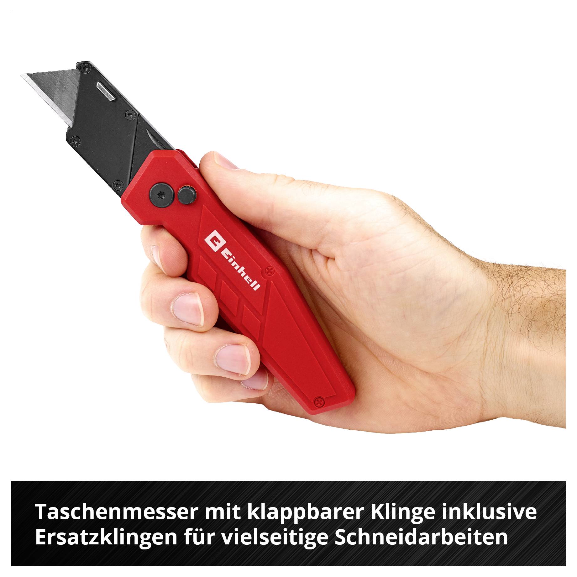 Hand hält rotes Einhell-Taschenmesser mit ausklappbarer Klinge; unten steht: 'Taschenmesser mit klappbarer Klinge inklusive Ersatzklingen für vielseitige Schneidarbeiten'.