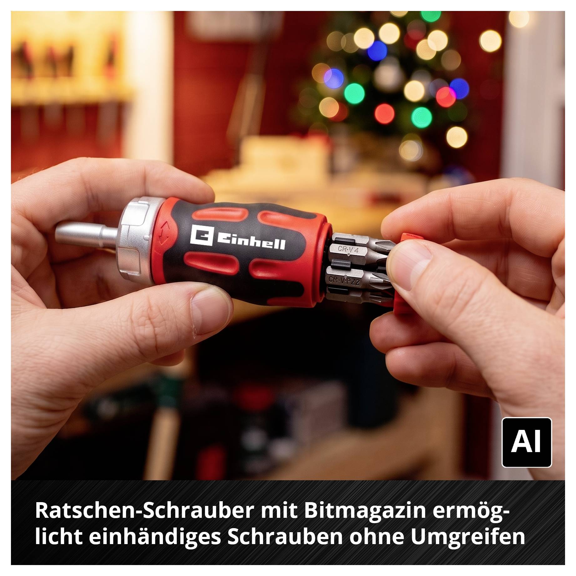 Hände halten einen Einhell Ratschen-Schrauber mit Bitmagazin; damit ist einhändiges Schrauben ohne Umgreifen möglich.