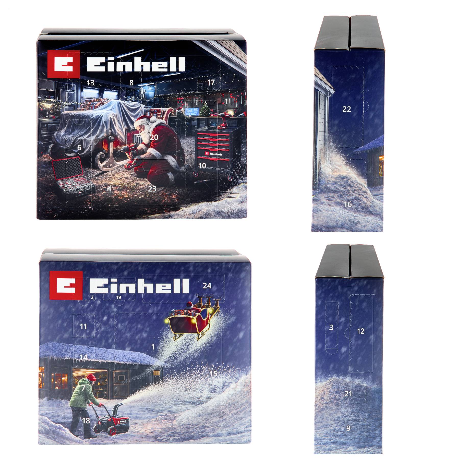 Einhell-Produktverpackung gezeigt von Vorder- und Seitenansicht, mit verschneiten Außenszenen von Elektrowerkzeugen und dem Einhell-Logo.