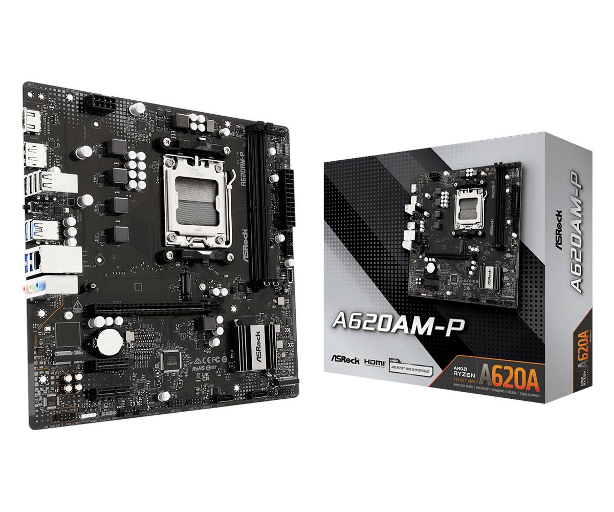 Produktbild eines ASRock A620AM-P Motherboards, das neben seiner Einzelhandelsverpackung gezeigt wird, gekennzeichnet für die A620A/AM5-Plattform.