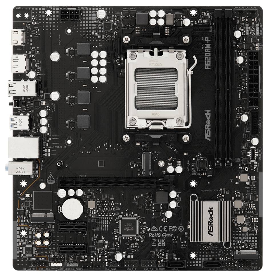 ASRock A620M Motherboard mit AMD AM5 CPU-Sockel, PCIe-Steckplätze, RAM-Steckplätze, rückwärtige I/O-Anschlüsse und Kühlkörper auf einer schwarzen Leiterplatte.