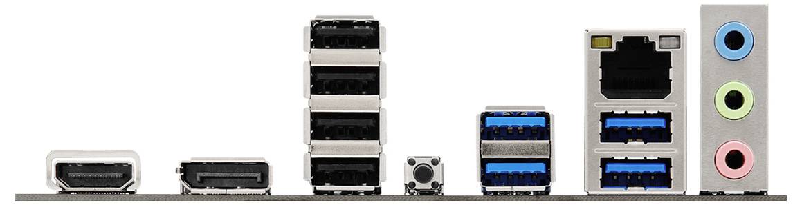 Rückseite des Motherboards mit I/O-Blende mit zwei HDMI-Anschlüssen, gestapelten USB-Anschlüssen, Ethernet-Buchse, Audio-Buchsen und einer Reset-/Clear-CMOS-Taste.