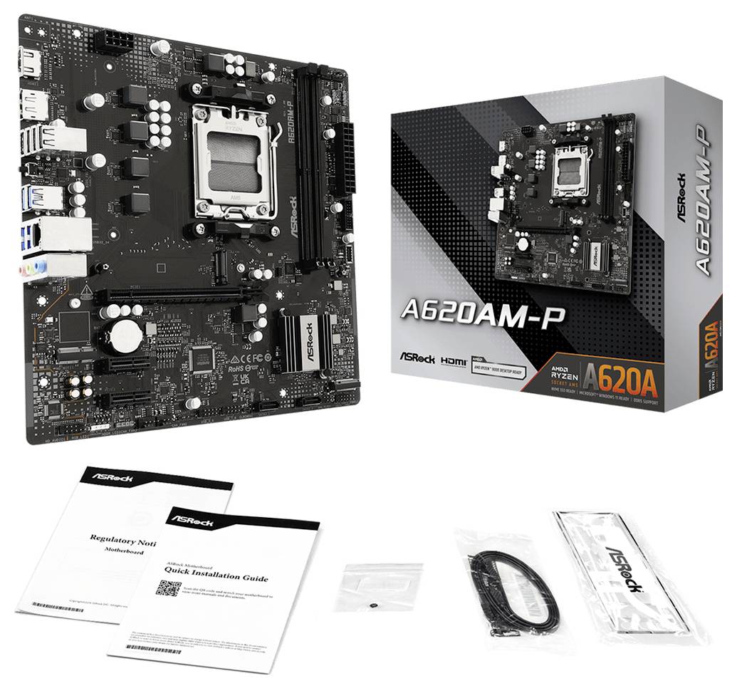 ASRock A620AM-P Motherboard, abgebildet mit seiner Einzelhandelsverpackung, Schnellinstallationsanleitung, Kabeln und Zubehör.