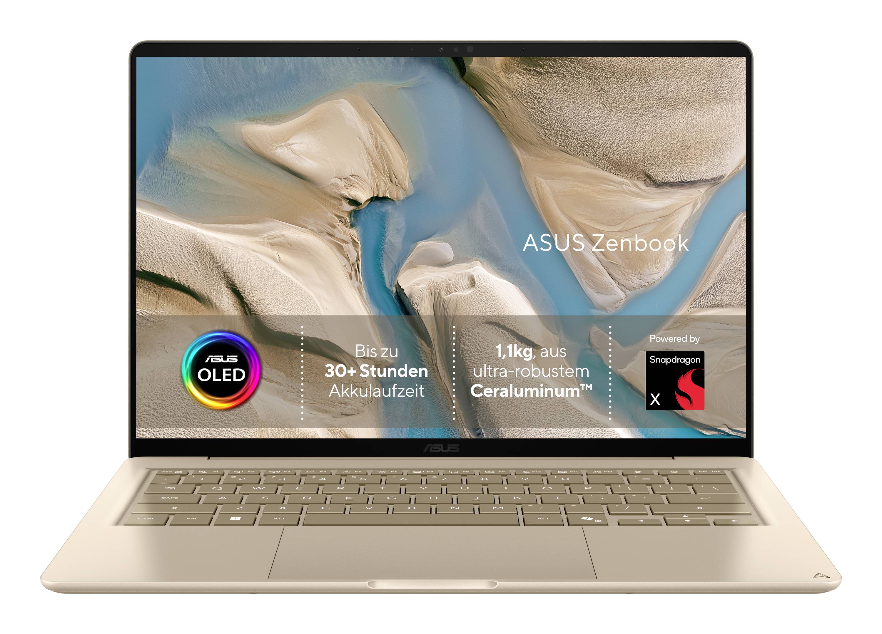Gold ASUS Zenbook Laptop von vorne dargestellt, mit Bildschirm, der die Abzeichen „ASUS Zenbook