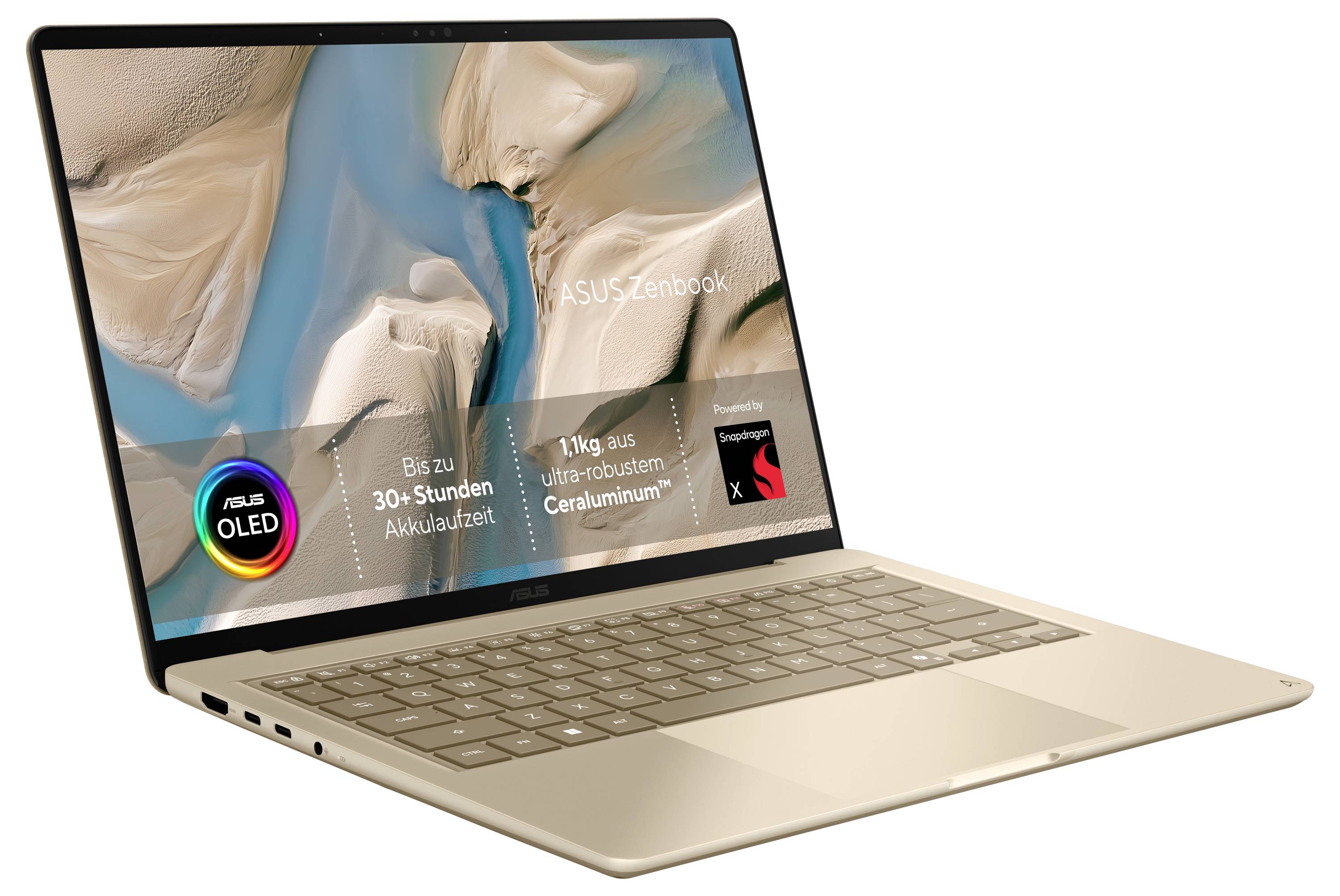Gold ASUS Zenbook Laptop in schräger Position geöffnet, zeigt einen Hintergrund und Bildschirmabzeichen für ASUS OLED, 30+ Stunden Akkulaufzeit und ultra-robustes Ceraluminium.