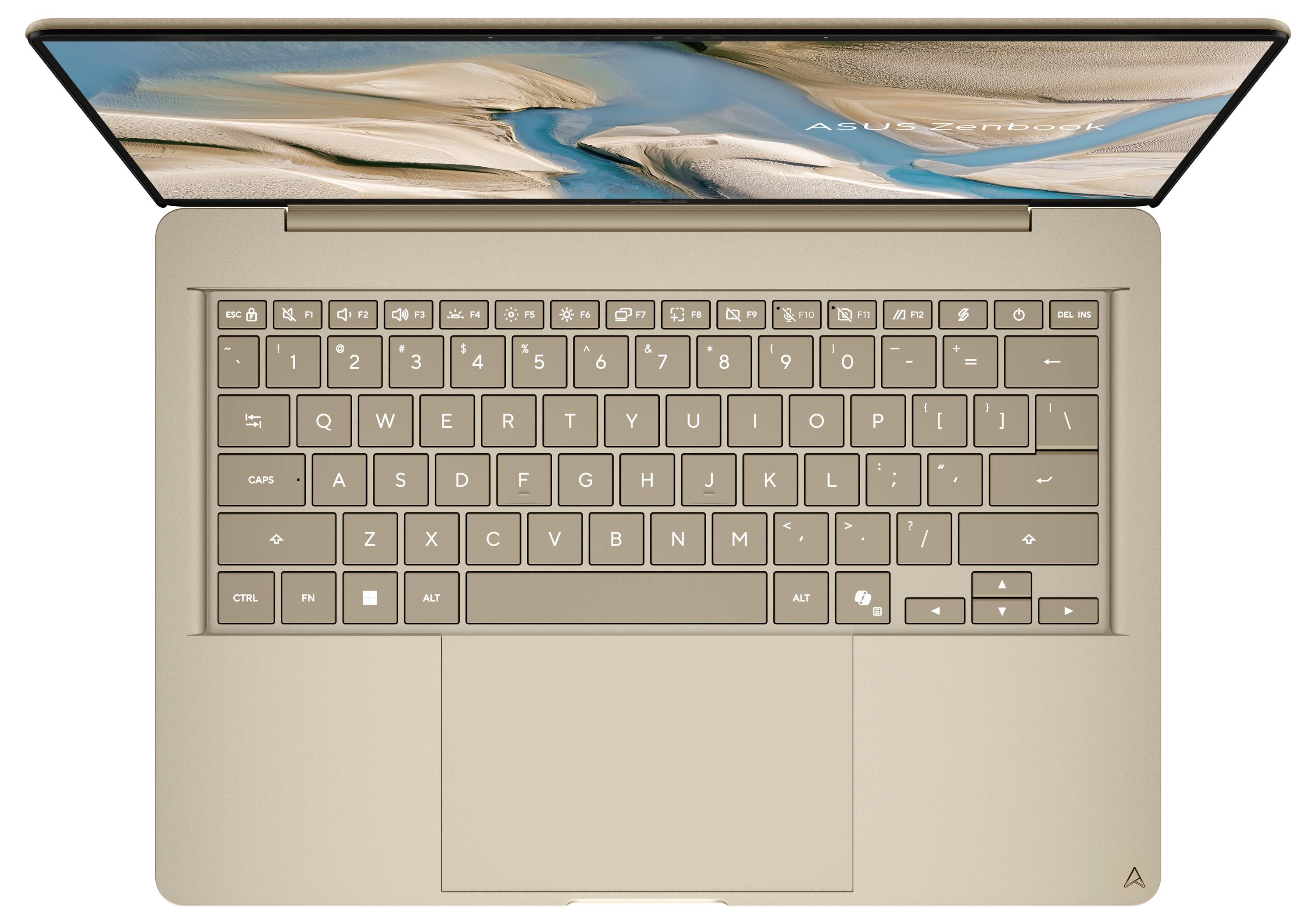 Draufsicht auf einen goldenen Laptop mit geöffnetem Bildschirm, der eine Strand-Hintergrundgrafik zeigt und eine kompakte Tastatur mit großem Touchpad.