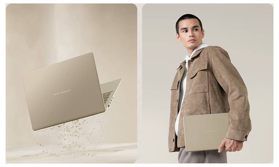 Beiger Laptop in einer geteilten Modebild-Darstellung gezeigt: Ein Panel zeigt ihn schwebend offen mit Partikeln, das andere zeigt einen Mann, der den geschlossenen Laptop in einer beige Jacke hält.