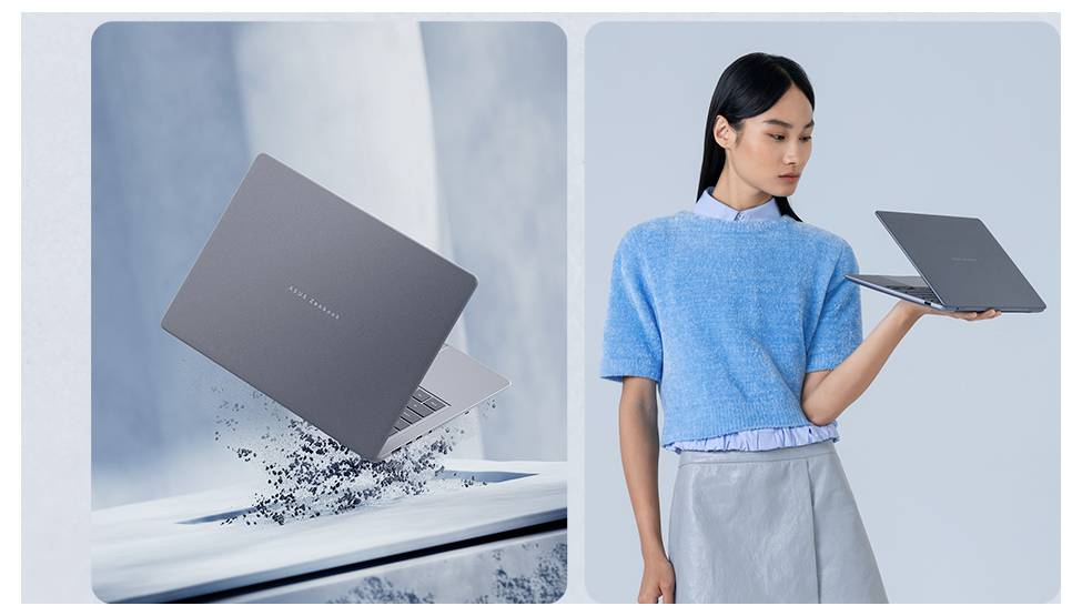 Geteiltes Bild: links ein Laptop, der in Pixel zerfällt; rechts eine Frau in Blau, die einen offenen Laptop hält, was ein Konzept der digitalen Transformation andeutet.