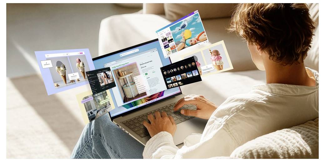 Person, die einen Laptop benutzt, während mehrere schwebende Fenster zum Einkaufen, Medien und Webseiten in einer erweiterten Realitäts-Stil-Schnittstelle angezeigt werden.