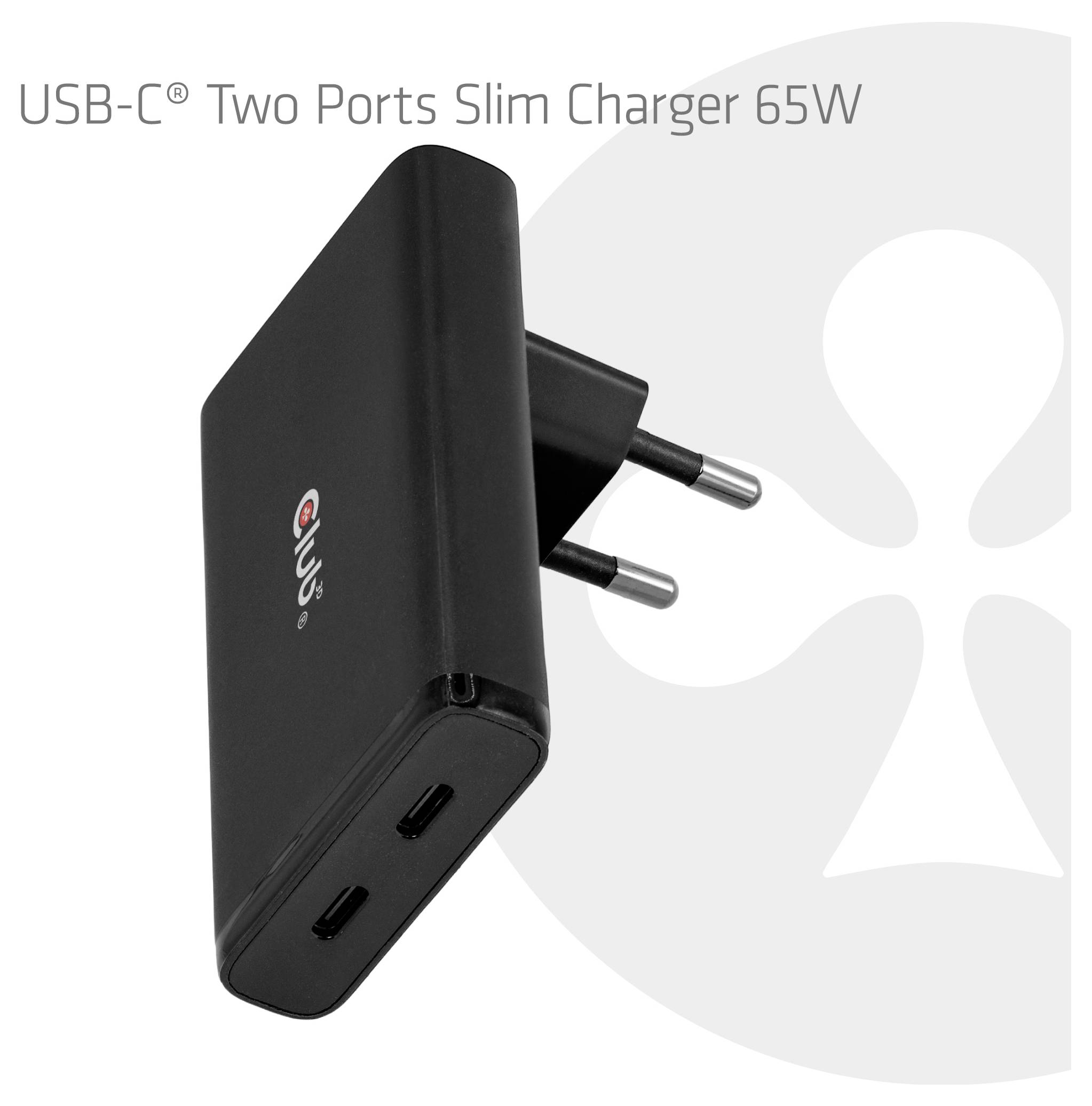 Schwarzes USB-C-Netzteil mit 65 W Leistung, zwei Anschlüssen und schlankem Design mit zwei runden EU-Steckern, im Winkel dargestellt mit zwei sichtbaren USB-C-Anschlüssen.