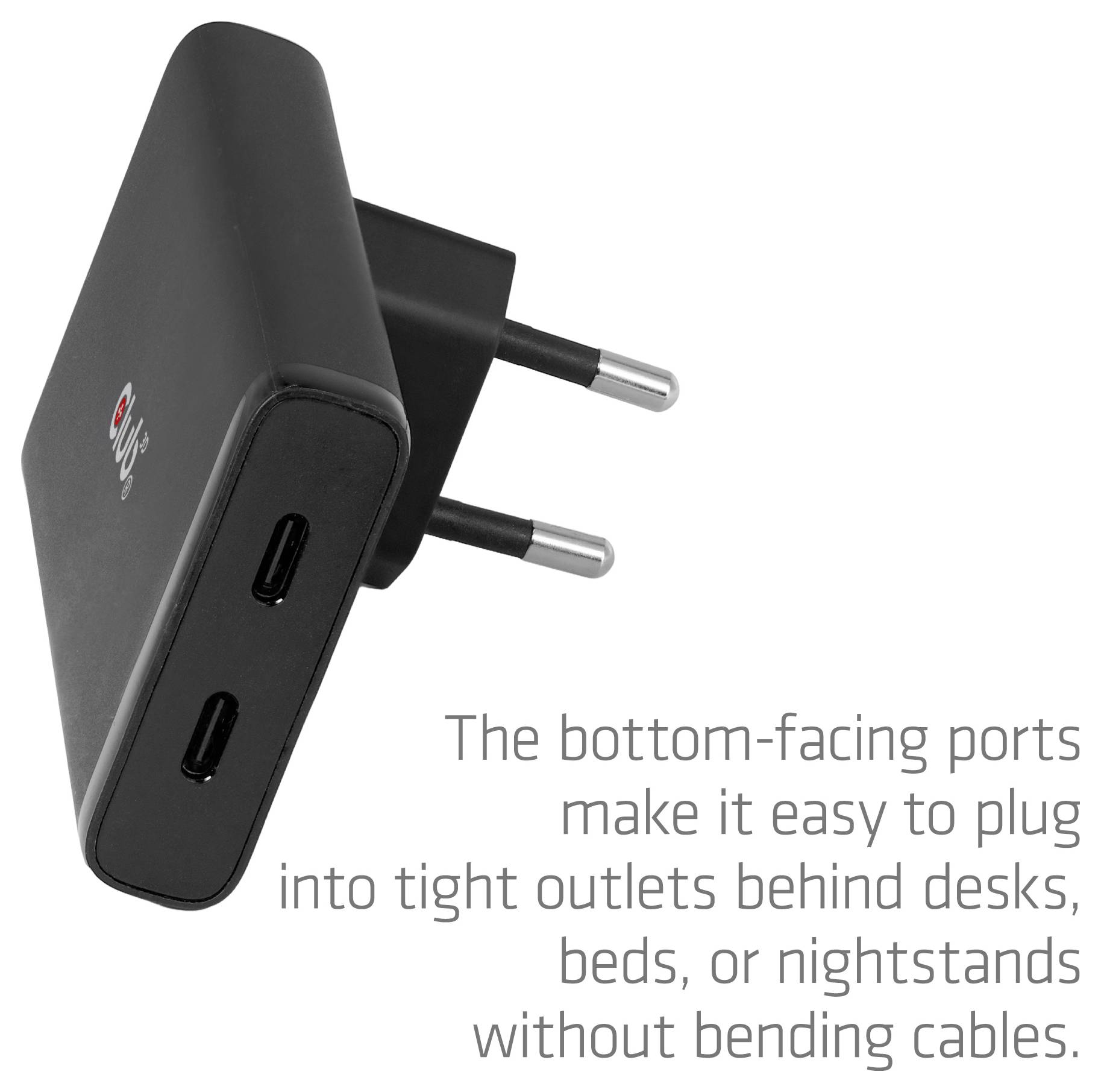 Wandladegerät im Winkeldesign mit zwei USB-C-Anschlüssen an der Unterseite; die Beschriftung besagt, dass es in enge Steckdosen hinter Schreibtischen, Betten oder Nachttischen passt, ohne dass Kabel geknickt werden müssen.