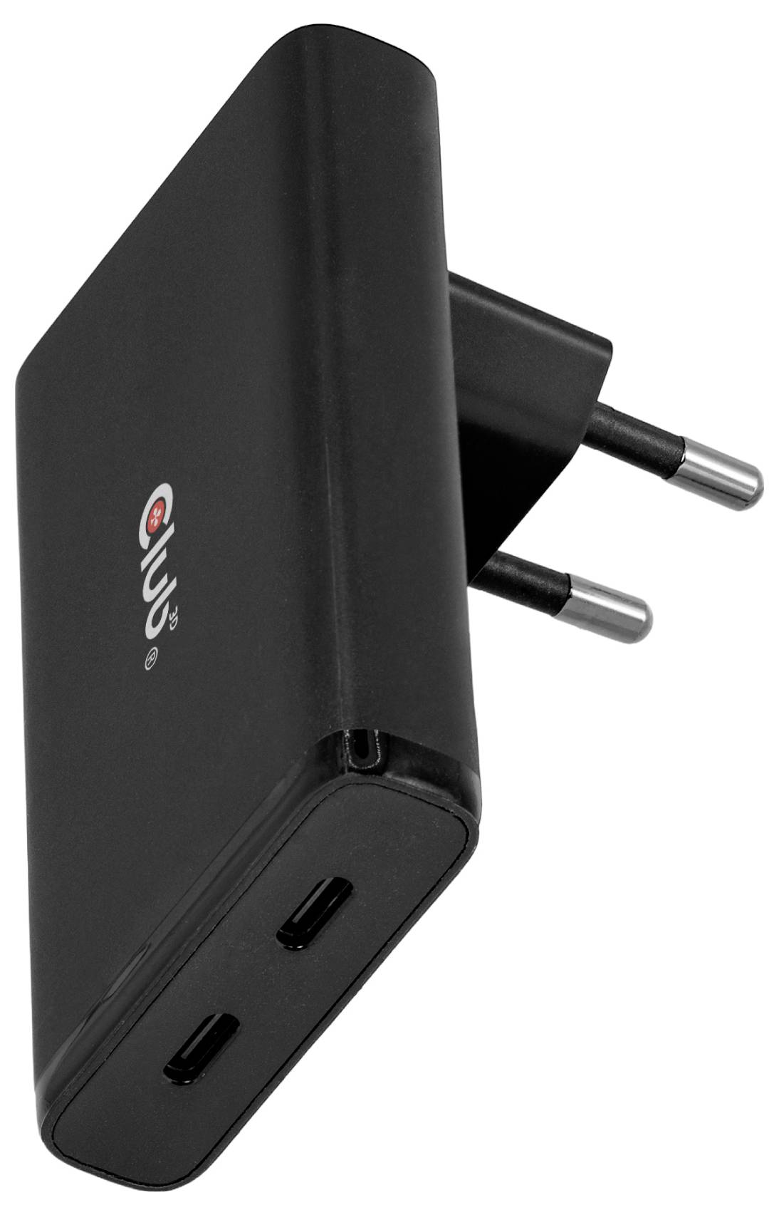 Schwarzes zweizahniges Wandladegerät mit zwei USB-C-Anschlüssen an der Vorderseite.