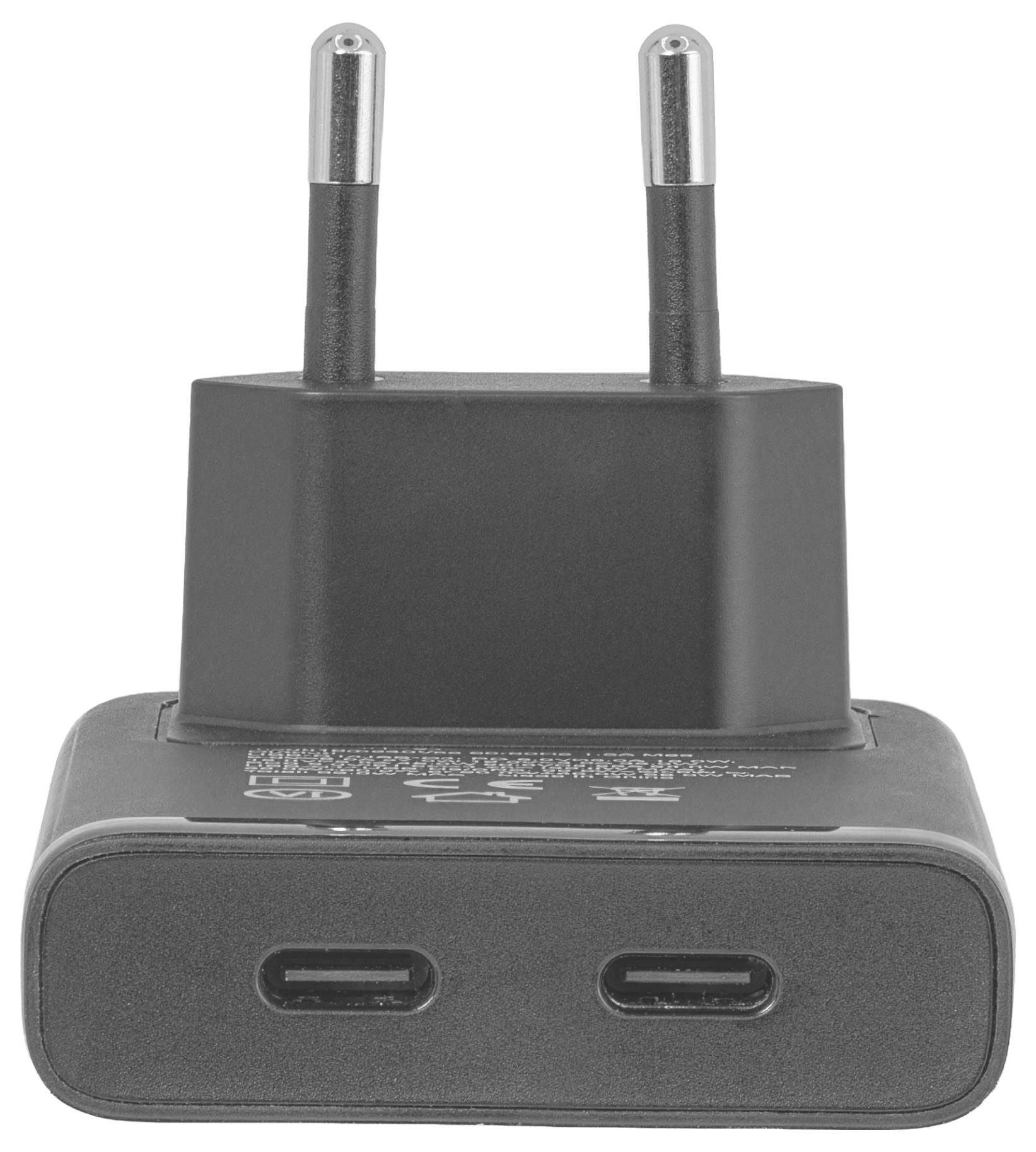 Schwarzes USB-Wandladegerät mit zwei europäischen Steckerkontakten und zwei vorderen USB-C-Ladeanschlüssen.