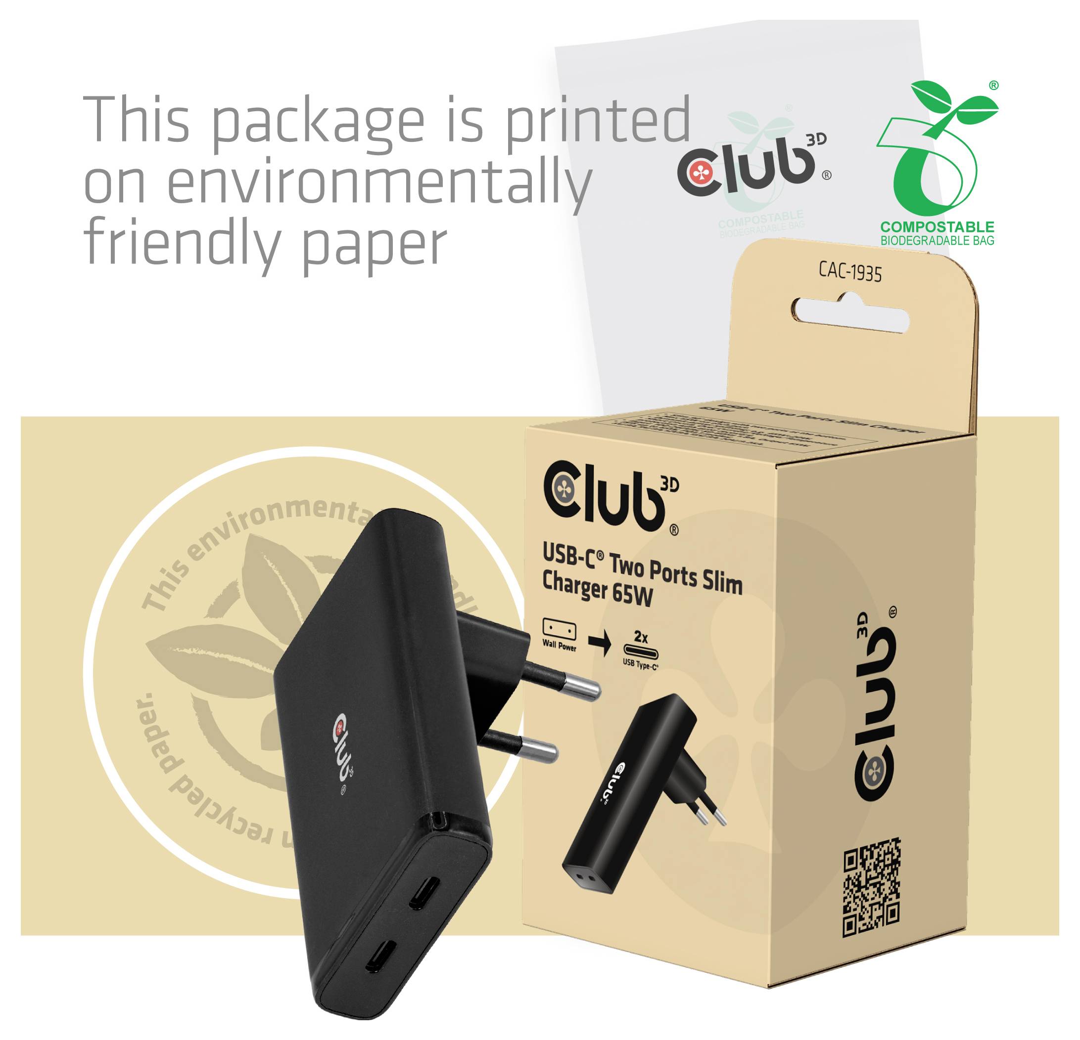Produktverpackung für ein Club 3D USB-C Zwei-Port Slim 65W Ladegerät, dargestellt mit dem Ladegerät und umweltfreundlicher, kompostierbarer Papierkennzeichnung.