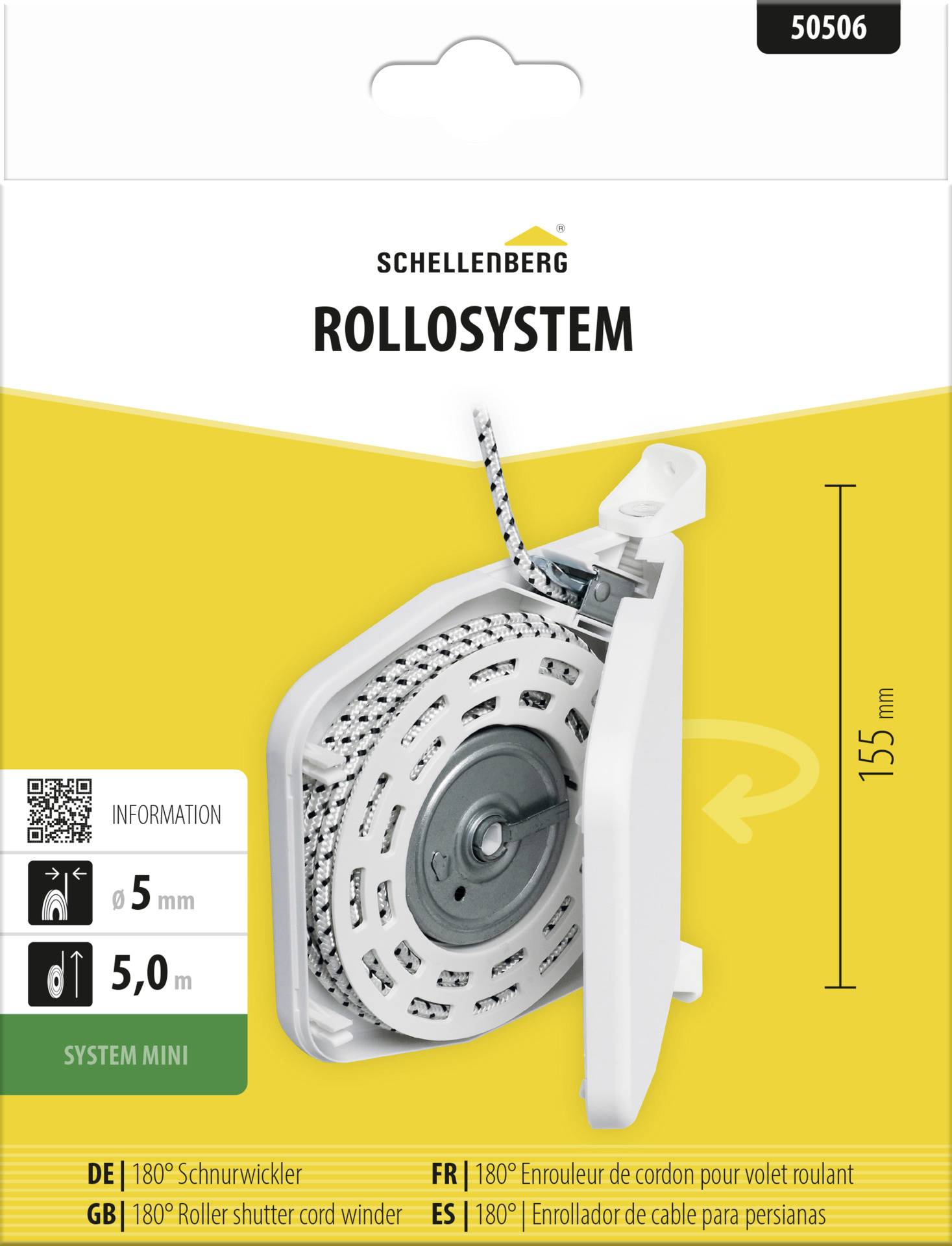 Schellenberg ROLLOSYSTEM Mini-Rollladengurt-Wickler Verpackung, das Produkt zeigend, 155 mm Höhe, und mehrsprachige Etiketten/Informationssymbole.