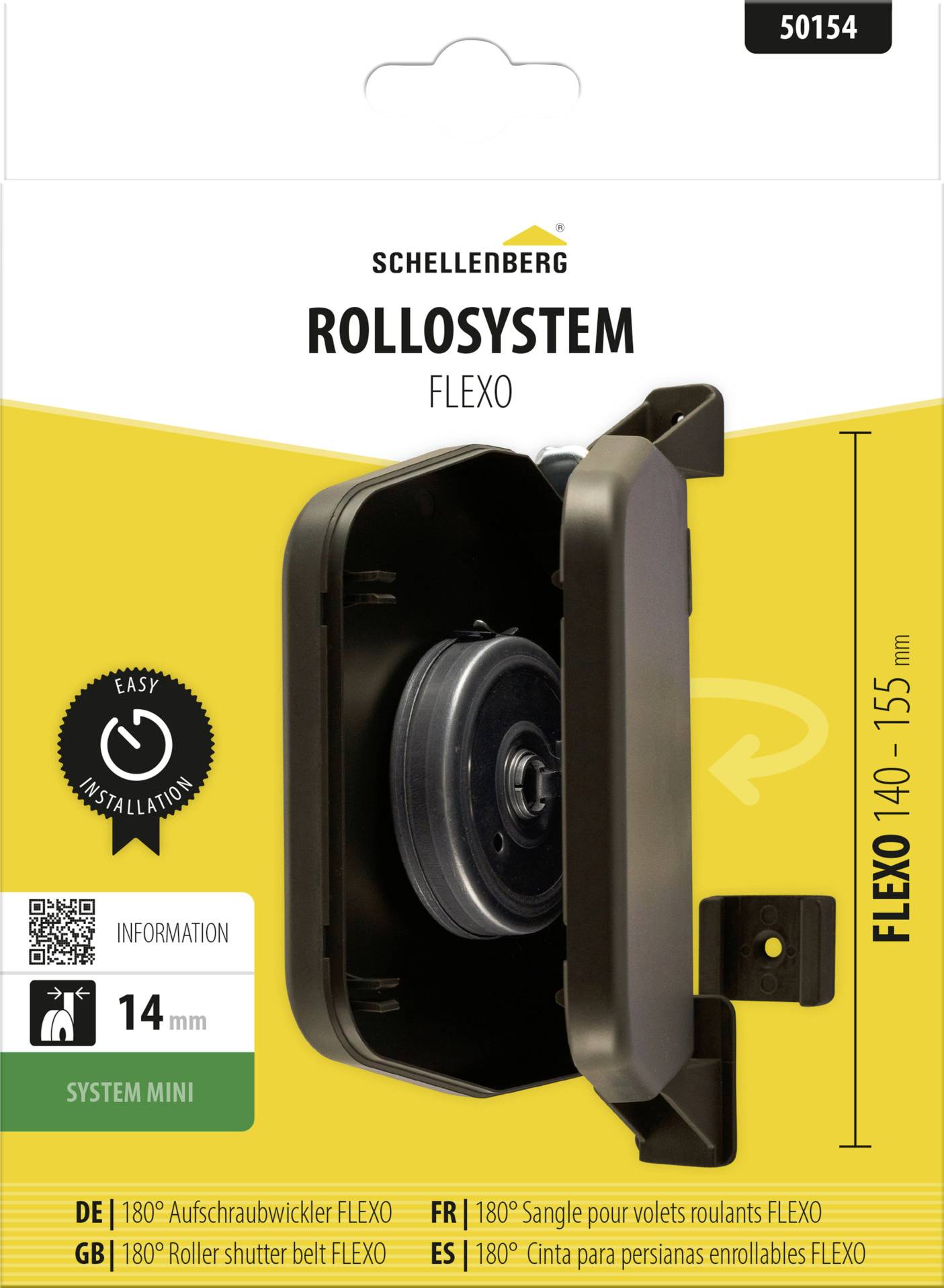 Produktverpackung für Schellenberg 'ROLLOSYSTEM FLEXO' Rollladen-System, zeigt die schwarze wandmontierte Spuleneinheit und die Größenbezeichnung 'FLEXO 140-155 mm'.
