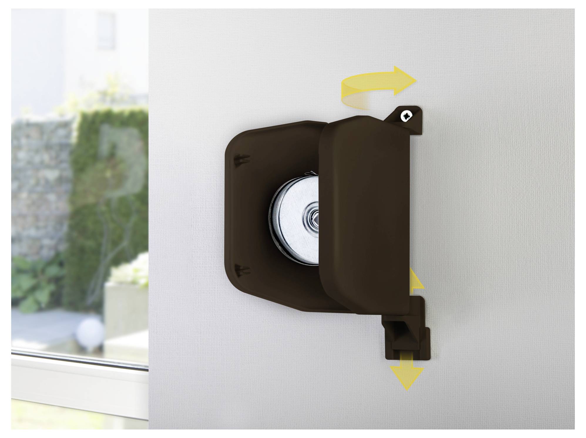 Wandmontierte Fensterrollo-Schnuraufwickler mit Pfeilen für Drehrichtung und Schnuraufwicklung.