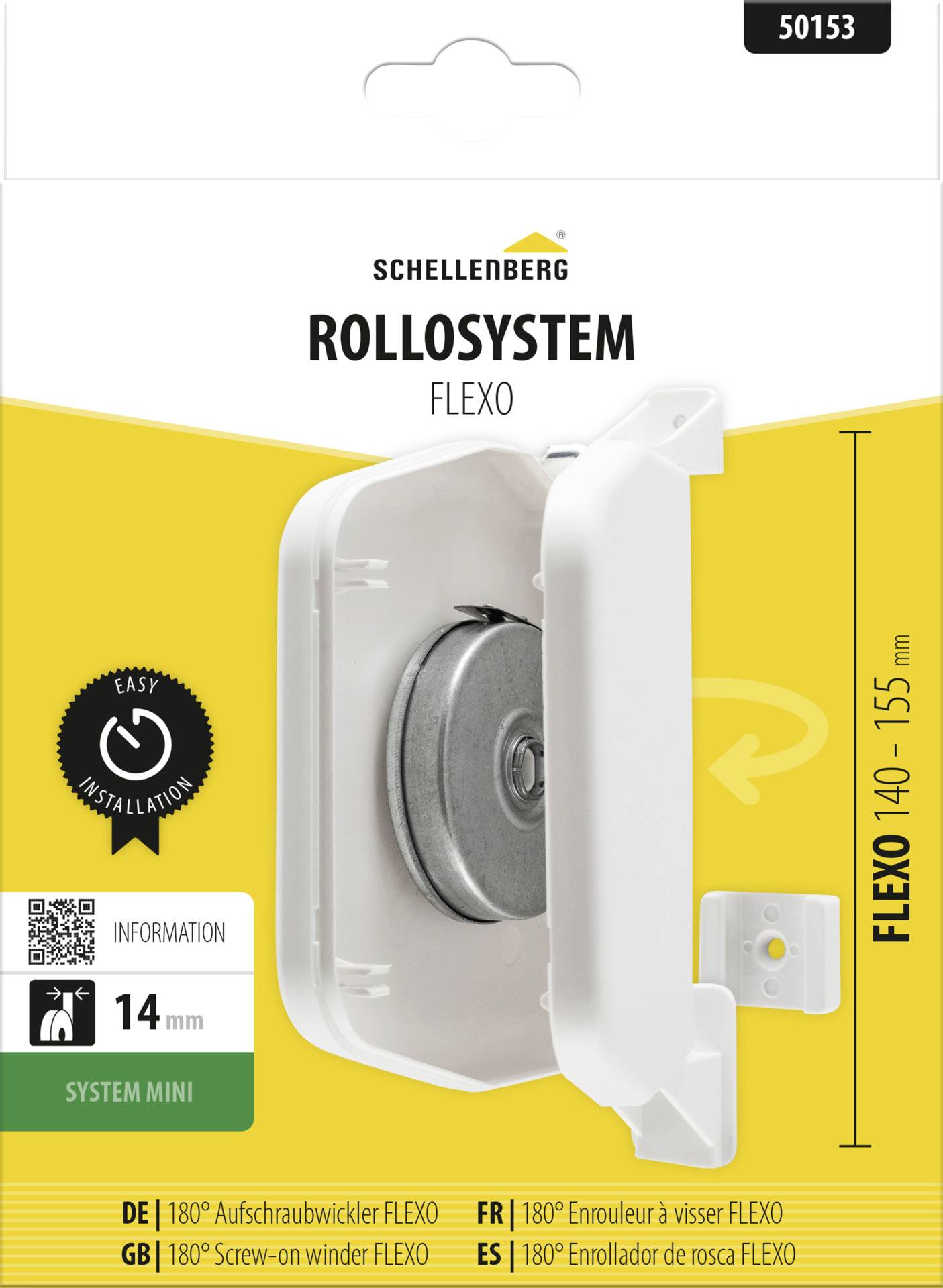 Produktverpackung für Schellenberg 'Rollosystem FLEXO' mit einer weißen Rollenblinden-Wickelvorrichtung, gekennzeichnet mit 'FLEXO 140-155 mm' und 'System Mini' für einfache Installation.