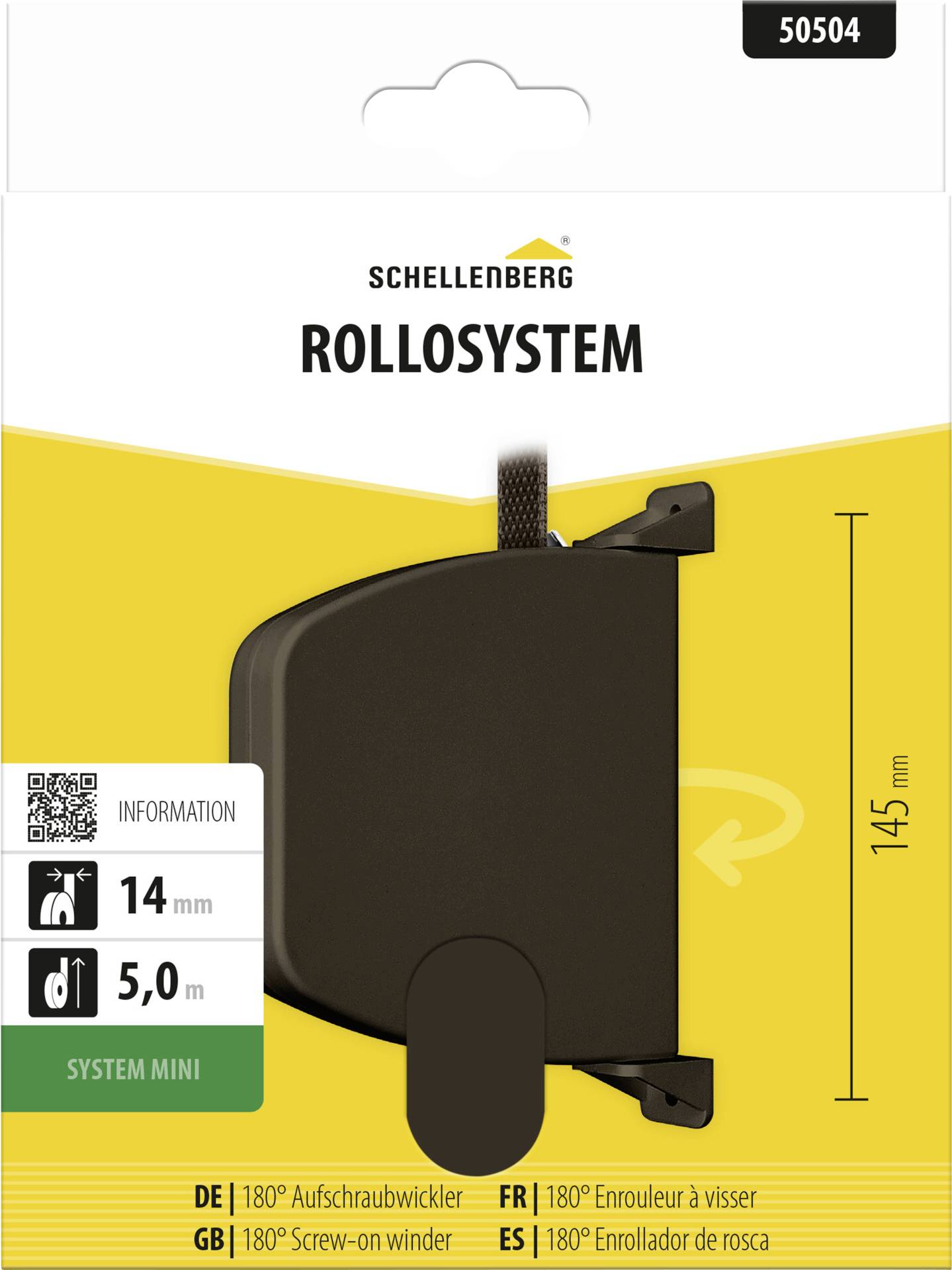 Verpackung für Schellenberg 'ROLLSYSTEM' Mini-Rollladen-Aufzugssystem, Modell 50504, mit schwarzem 180°-Aufsteck-Wickler für 14-mm-Welle und 5,0-m-Riemen.