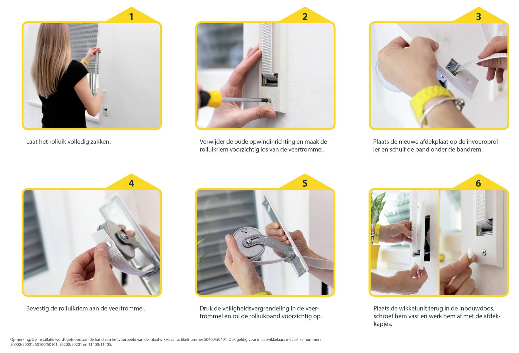 Anweisungsgrafik mit 6 Schritten zum Austausch einer Rollorolle: alte Endkappe entfernen, neue Endkappe anbringen, Klebeband anbringen, Rollerrohr sichern, Sicherheitsverriegelung drücken und in den Fensterrahmen einbauen.