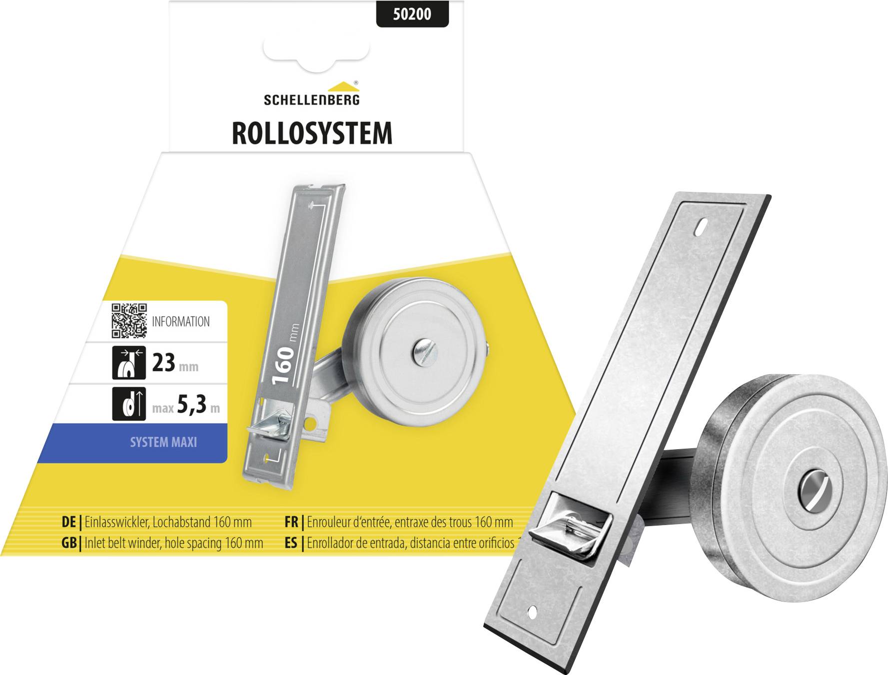 Produktverpackung für Schellenberg Rollladensystem mit einer silbernen Rolle und einer Halterung mit der Bezeichnung „160 mm