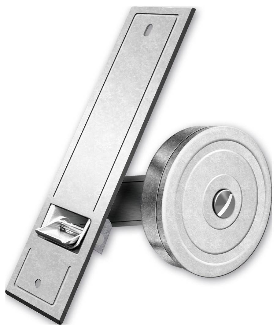 Metallische Türschlossgarnitur mit Hebelgriff und rundem Riegel auf weißem Hintergrund.