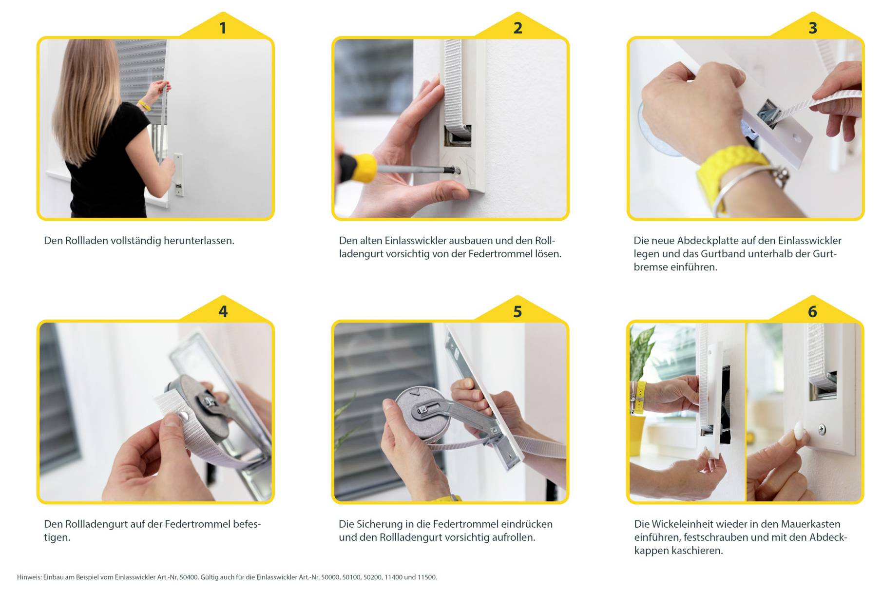 # Sechsstufige bebilderte Anleitung zum Entfernen und Wiedereinbau eines Rollladens: Gehäuse öffnen, Rolle entfernen, neuen Riemen einsetzen, neue Rolle anbringen, sichern und aufwickeln, dann in der Wandbox wiedereinbauen.