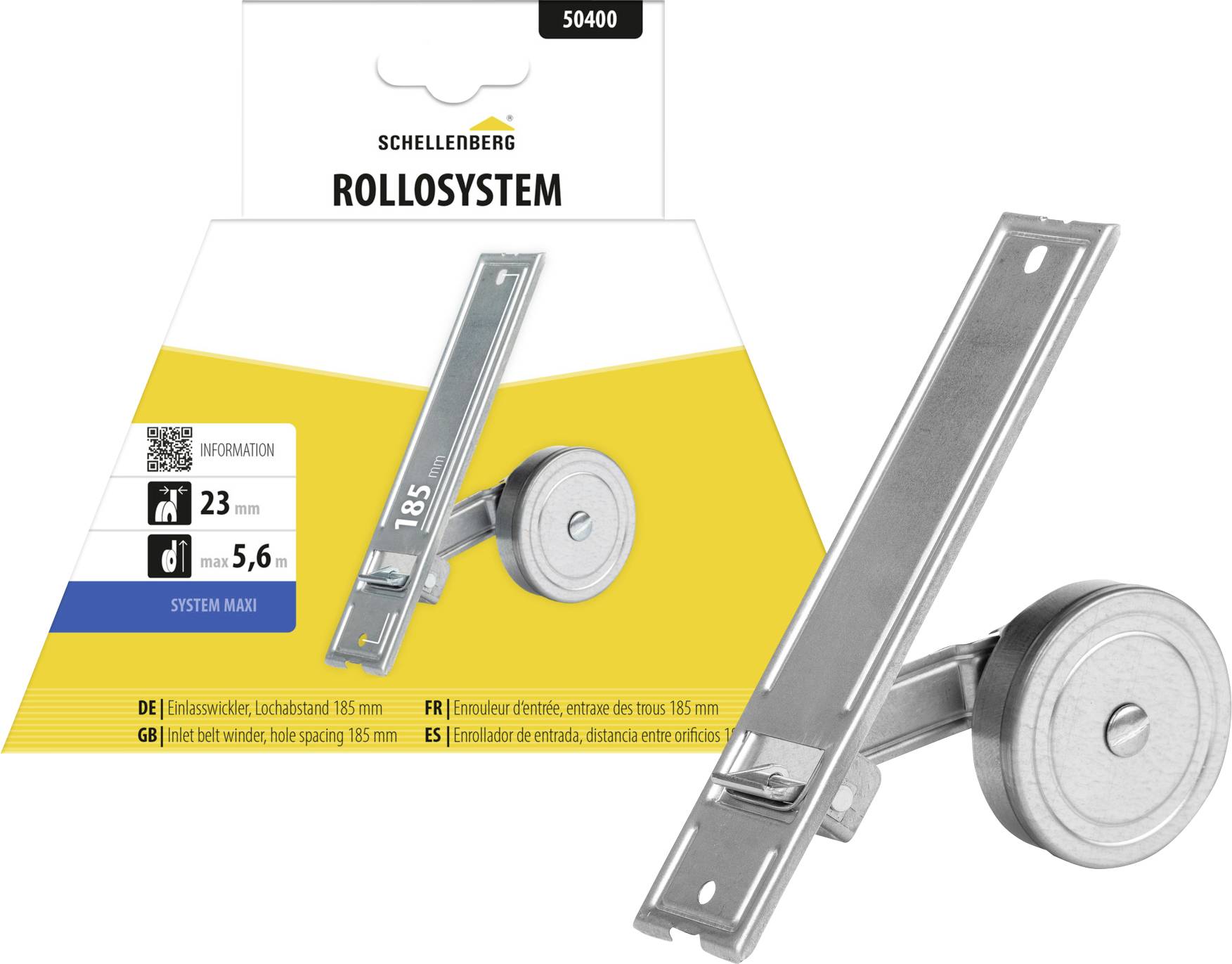 Produktpackung und Foto eines Schellenberg 'ROLLSYSTEM' Fensterrollo-Rollmechanismus mit Metallhalterung und Rolle, zeigt Spezifikationen von 23 mm und max. 5,6 m.