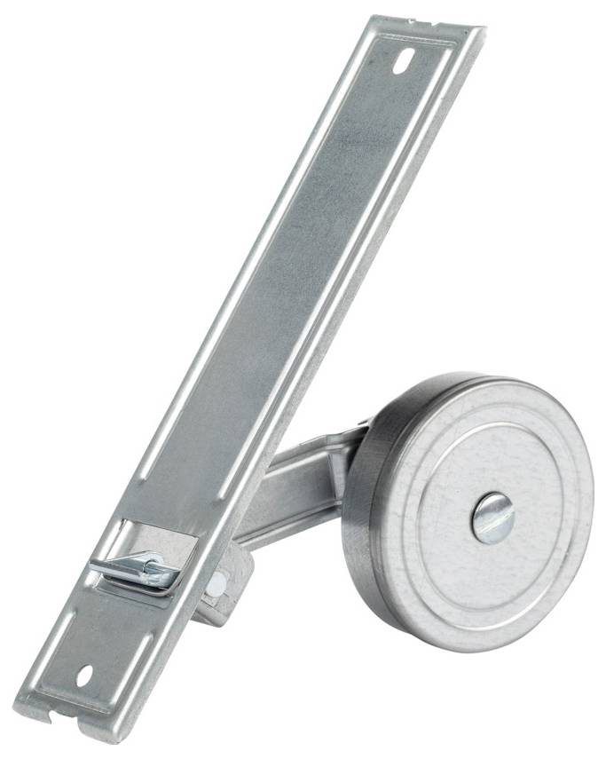 Metallgaragen-Türrollenhalter mit angebrachtem Rad, auf weißem Hintergrund dargestellt.
