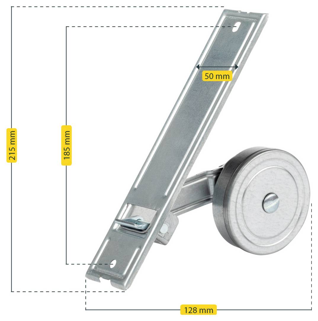 Metallrad-Rollenhalter mit den gezeigten Abmessungen: 215 mm Gesamthöhe, 185 mm Halterungslänge, 128 mm Breite und 50 mm Radversatz.