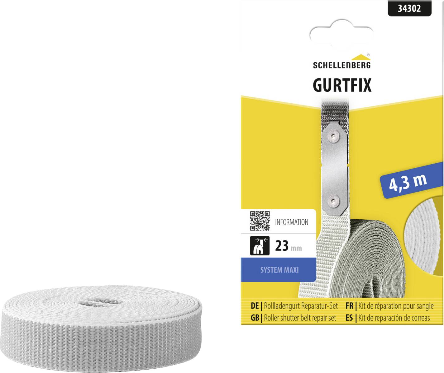 Gurtfix Rollladen-Reparatursatz-Paket mit 4,3 m Gurt und 23 mm Breite, neben einem gerollten weißen Gewebeband gezeigt.