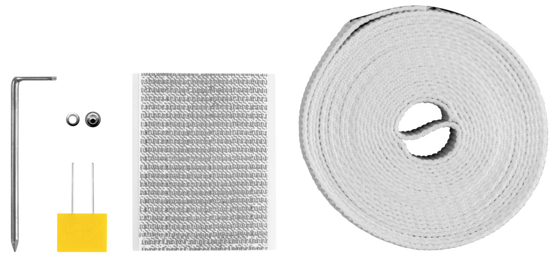Weißes Riemenset mit einem Metallpflock, zwei kleinen Befestigungselementen, einem gelben Anschluss, einem gewebten Streifen und einer großen aufgerollten Riemenspule.