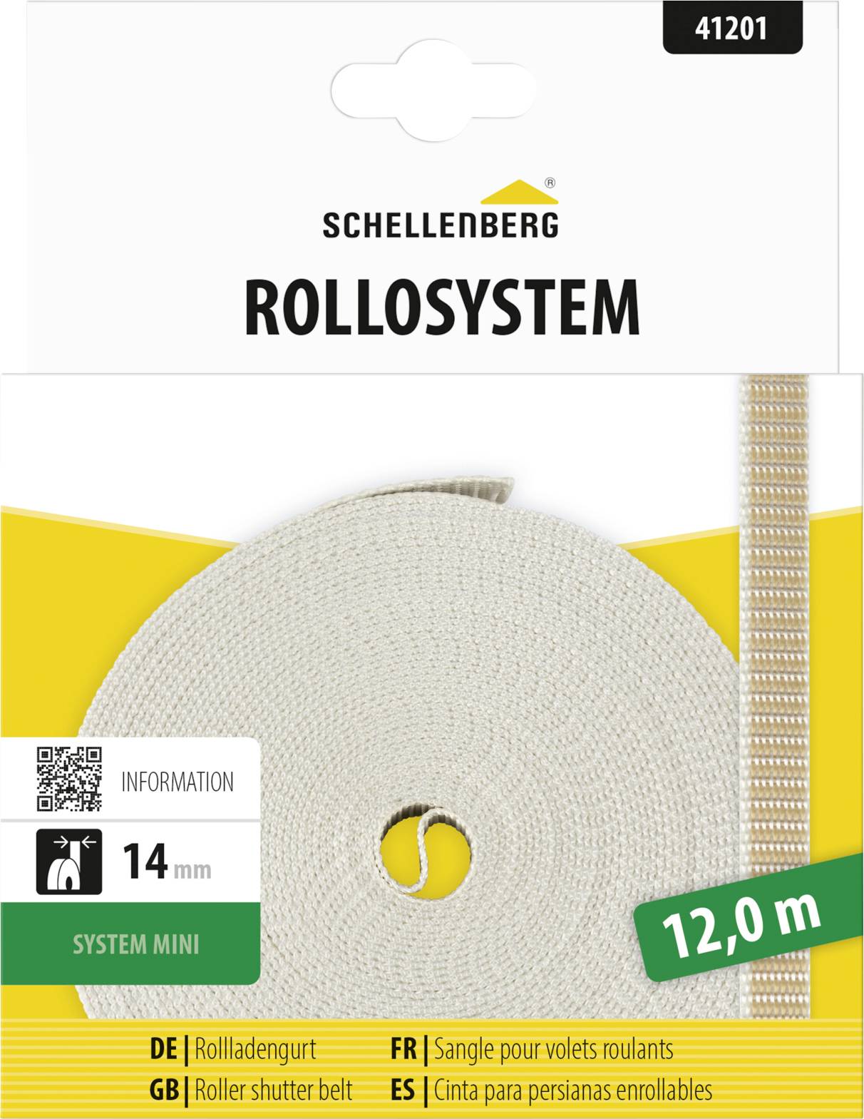 Schellenberg Rollosystem-Verpackung für einen 14 mm Mini-Rollladen-Riemen, gekennzeichnet mit 12,0 m, mit mehrsprachigen Produktinformationen.