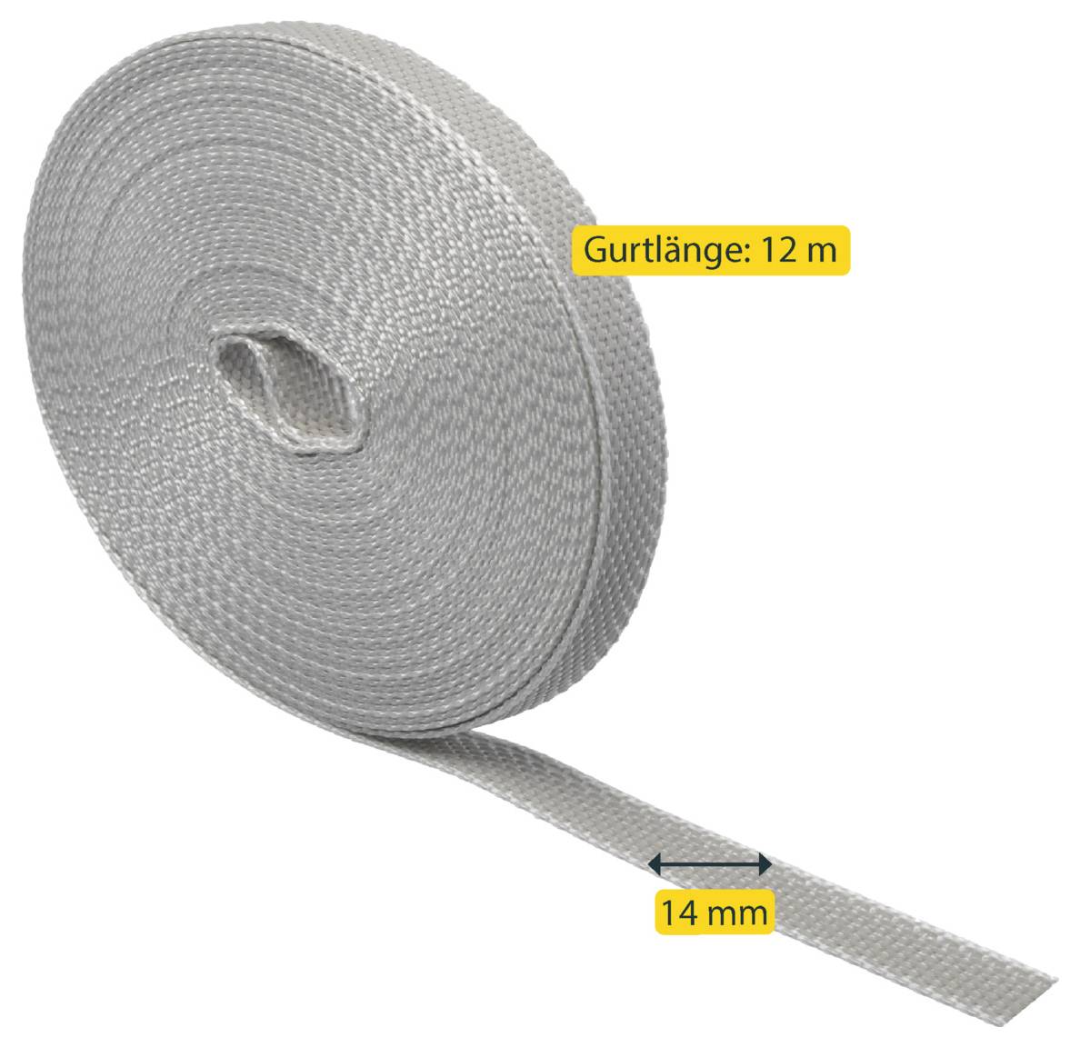 Rolle grauem Gewebeband mit der Bezeichnung „Gurtlänge: 12 m