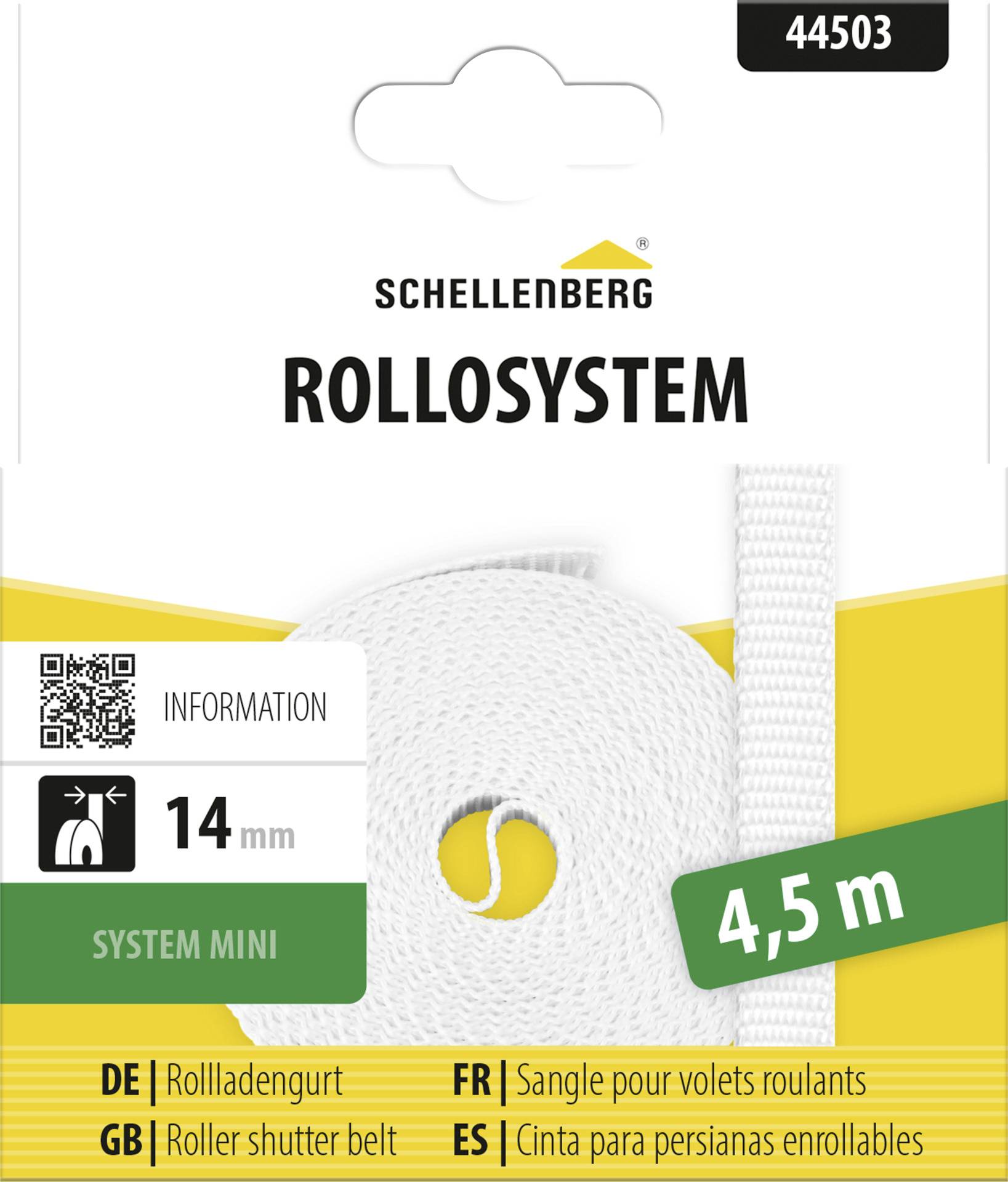 Paket für Schellenberg ROLLosystem Mini-Rollladengurt, 14 mm breit, 4,5 m lang, mit mehrsprachigen Produktetiketten und QR-Code.