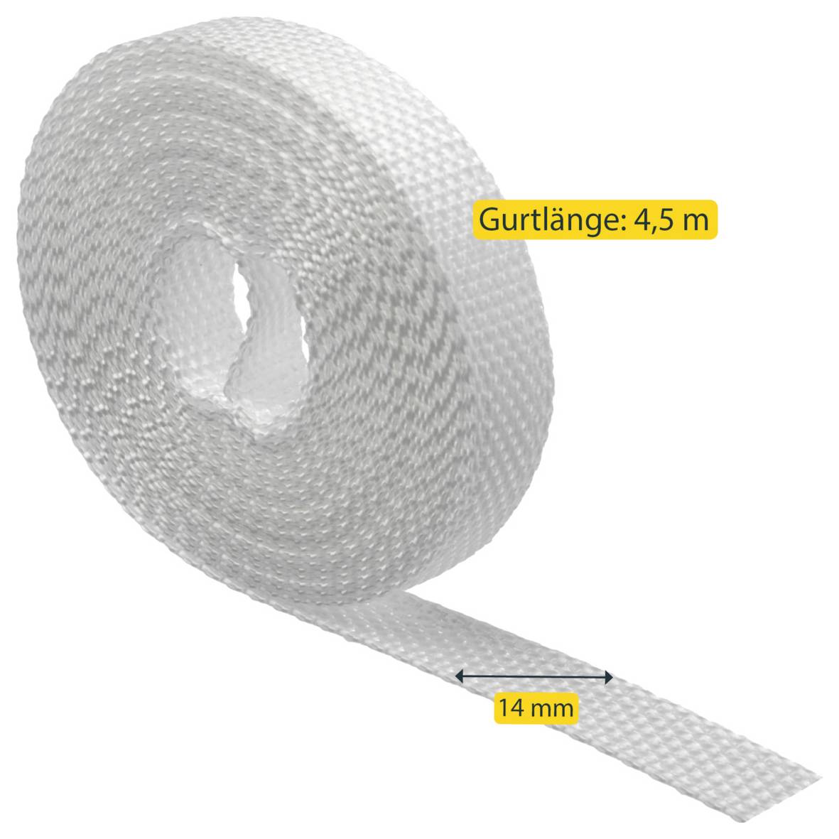 Aufgerollter weißer gewebter Riemen oder Gurt mit der Bezeichnung 'Gurtlänge: 4,5 m' und 14 mm breit