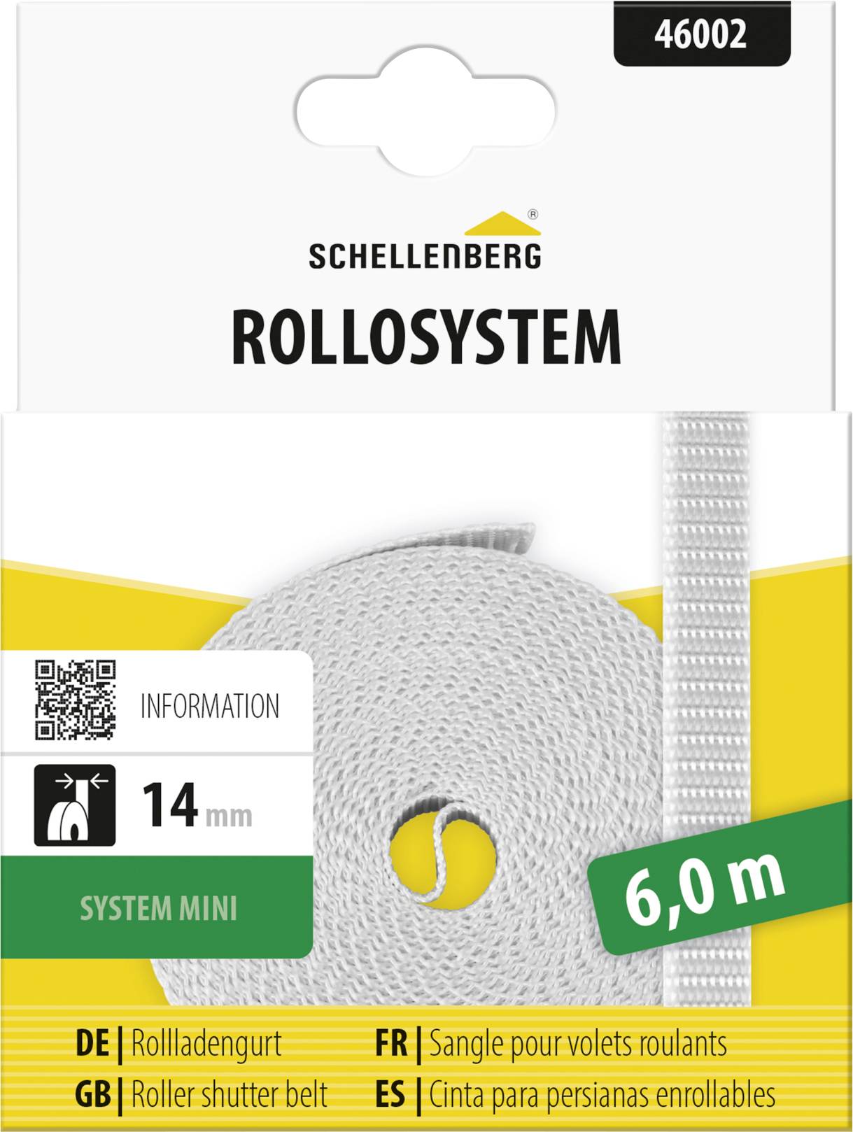 Verpackung für Schellenberg Rollsystem Rollladenriemen, Modell 46002, 6,0 m lang und 14 mm breit, gekennzeichnet mit „System Mini