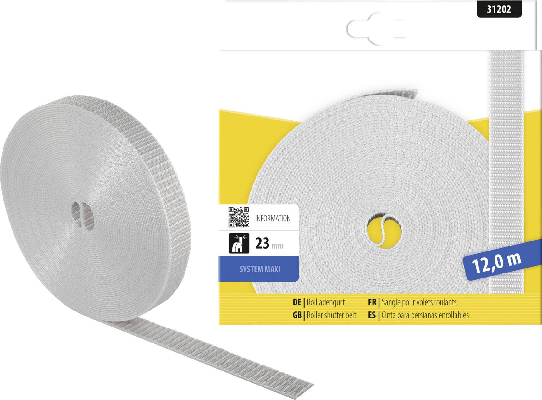 Produktbild einer weißen Rollladenriementriebspule mit einer Nahaufnahme des Etiketts, das „23 mm