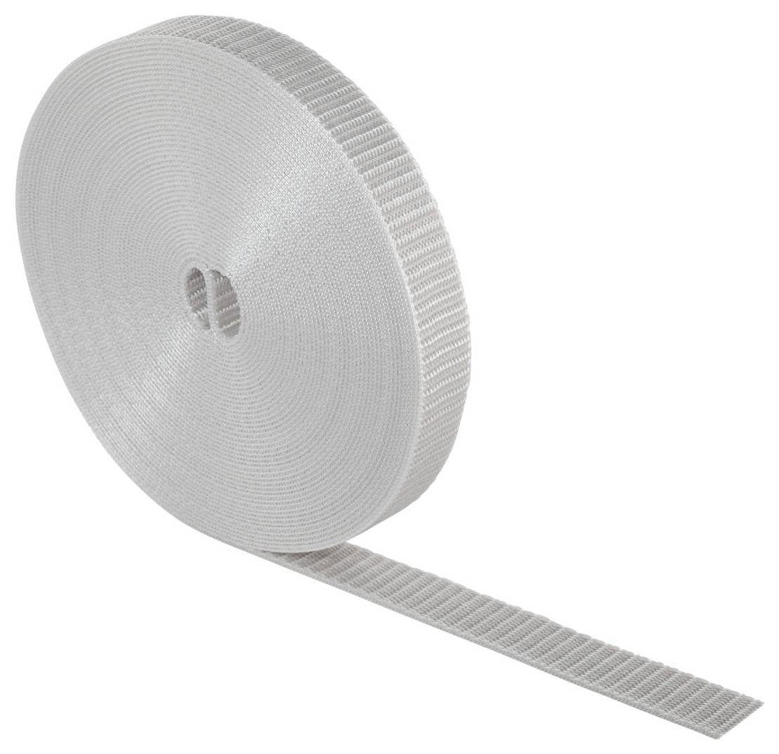 Eine Rolle weißes Klettband mit einem abgewickelten Streifen auf neutralem Hintergrund.