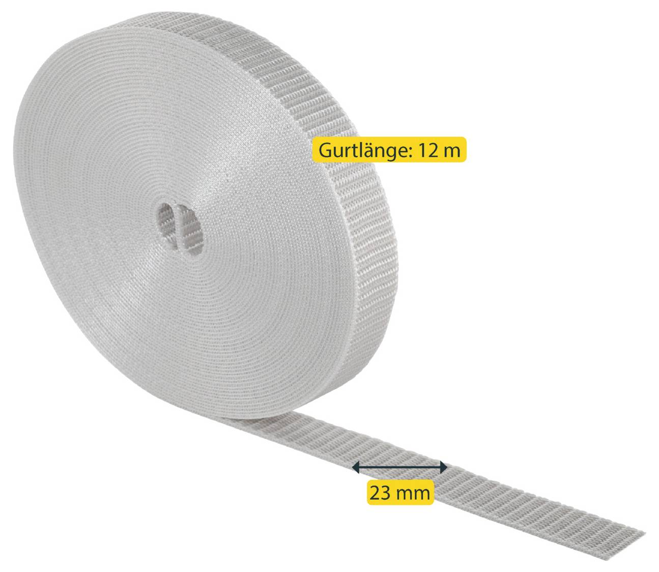 Weiße Rolle aus gewebtem Gurt oder Webband mit gekennzeichneten Abmessungen: 'Gurtlänge: 12 m' und Breite '23 mm'.