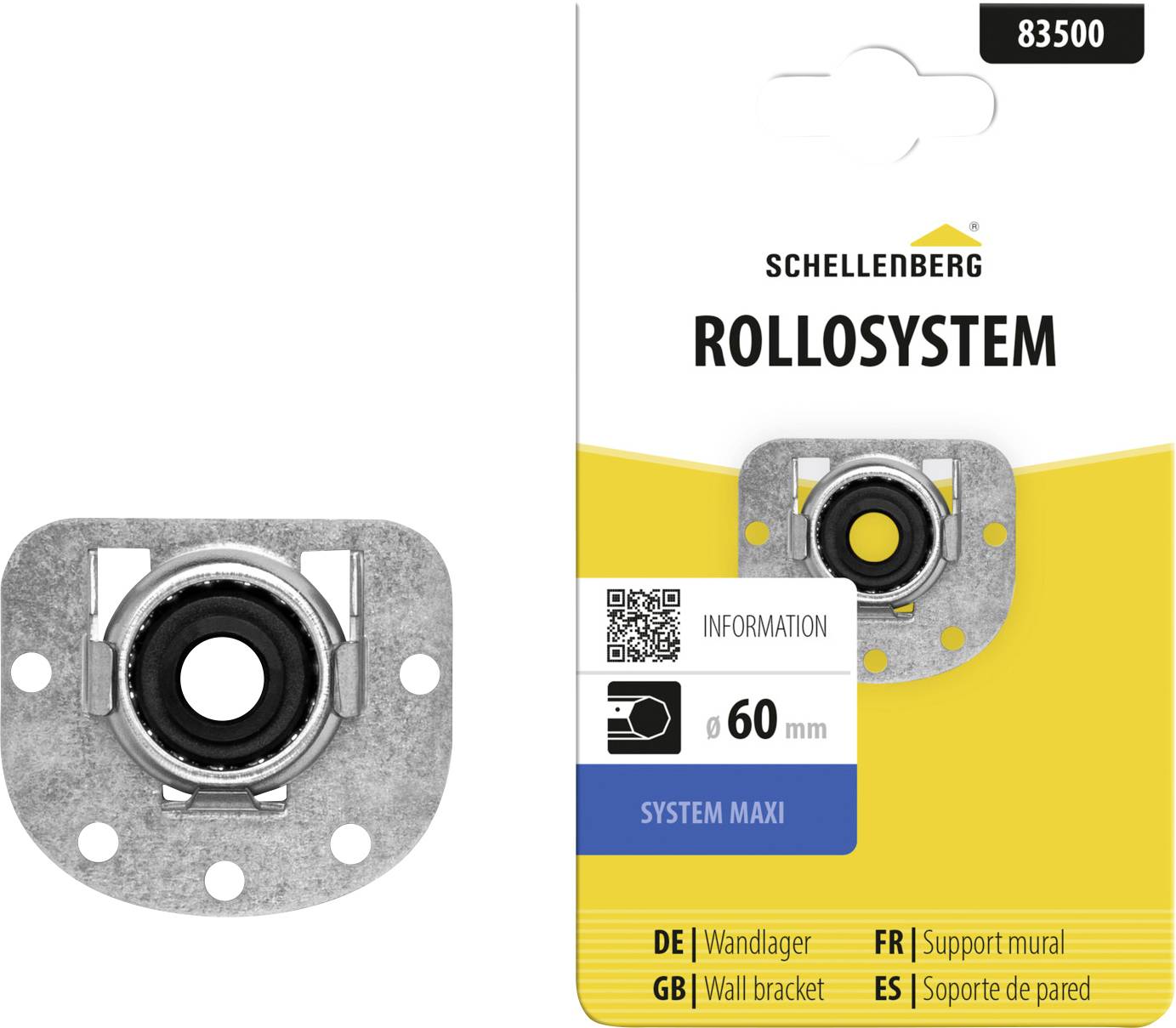 Produktbild einer Schellenberg-Rollsystem-Wandhalterung, die das Metallmontageteil und die Verpackung mit der Beschriftung „ROLLSYSTEM